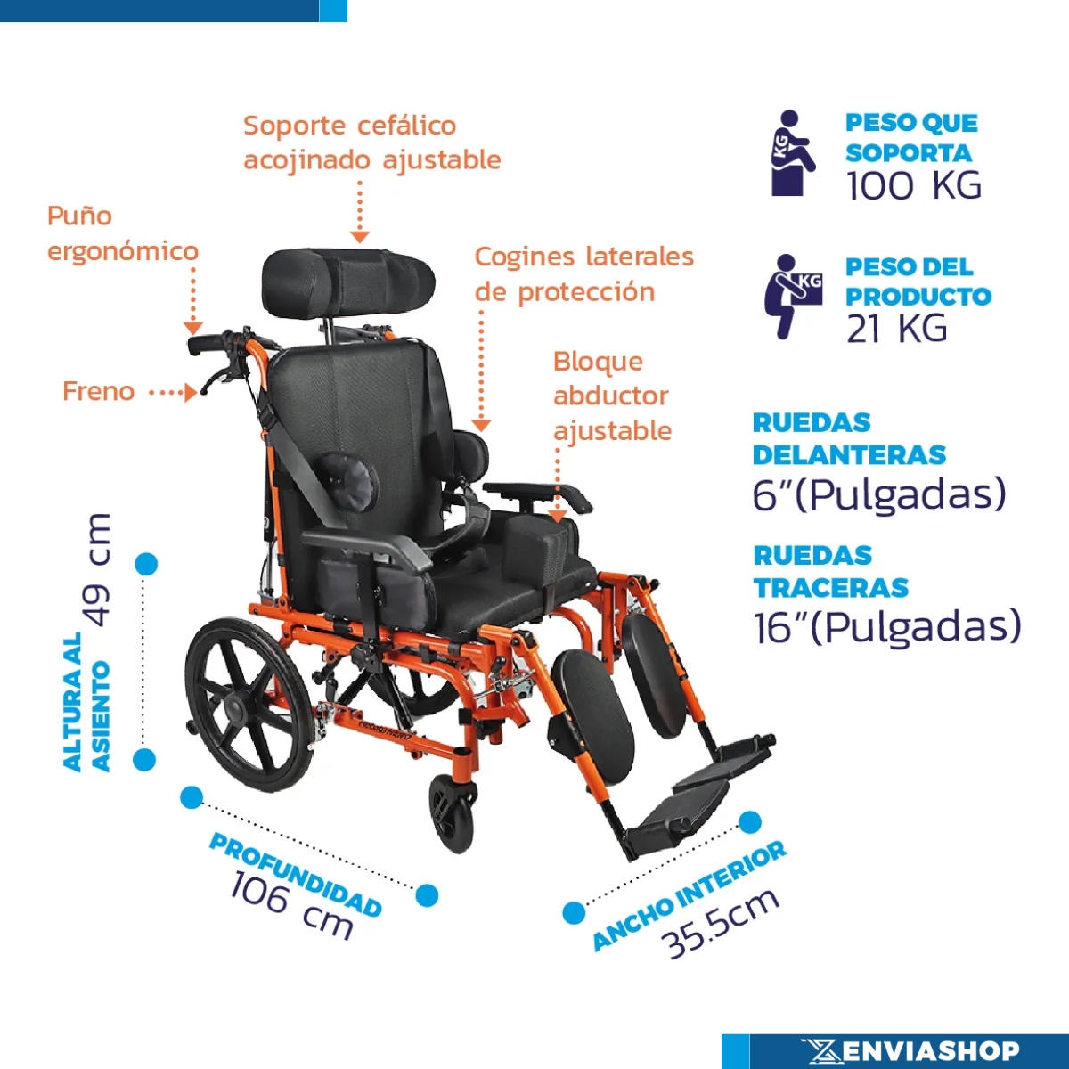 Silla de Ruedas PCI Parálisis Infantil de Aluminio 14" Color Naranja - Imagen 3
