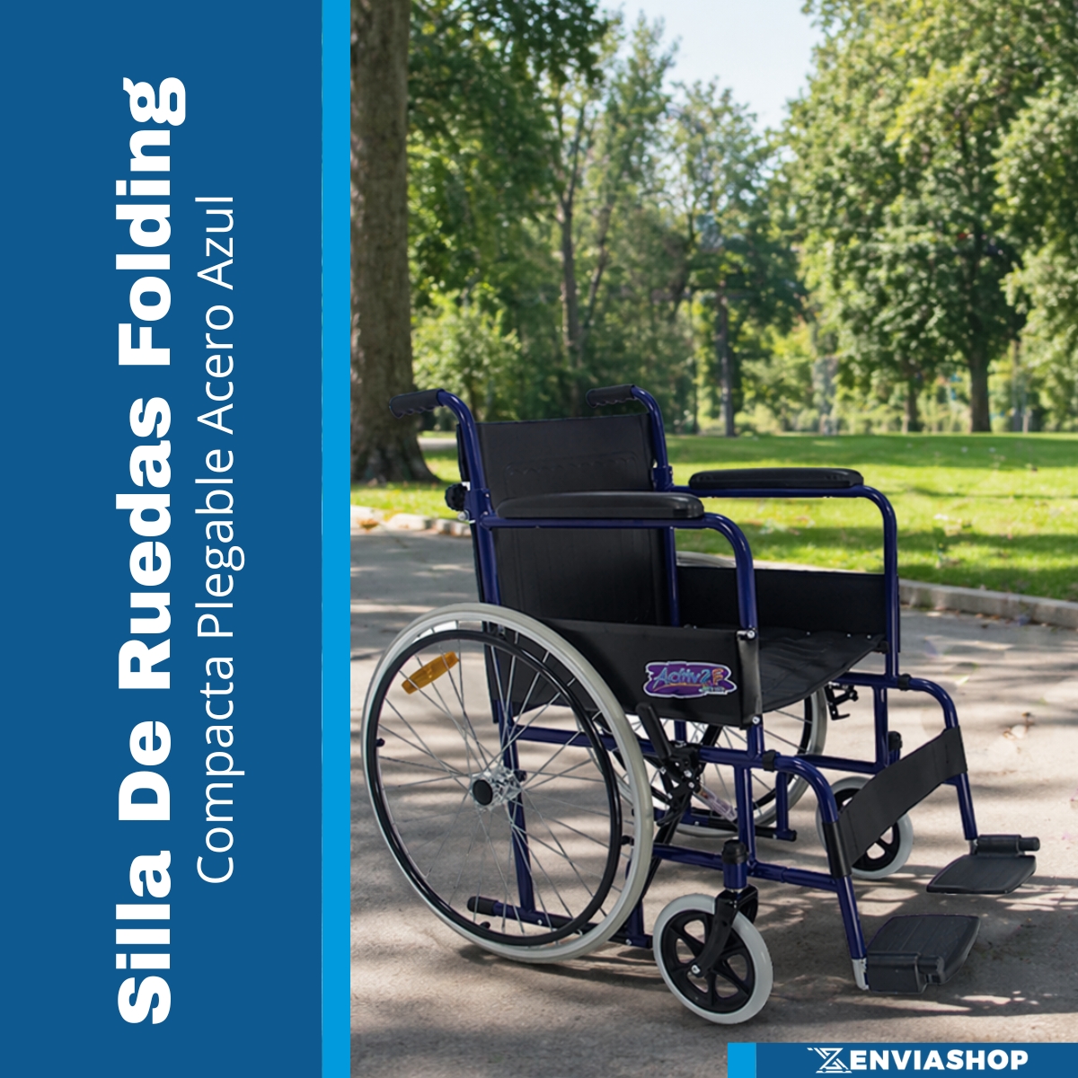 Silla de Ruedas Folding Compacta Económica con Respado Plegable Color Azul - Imagen 2