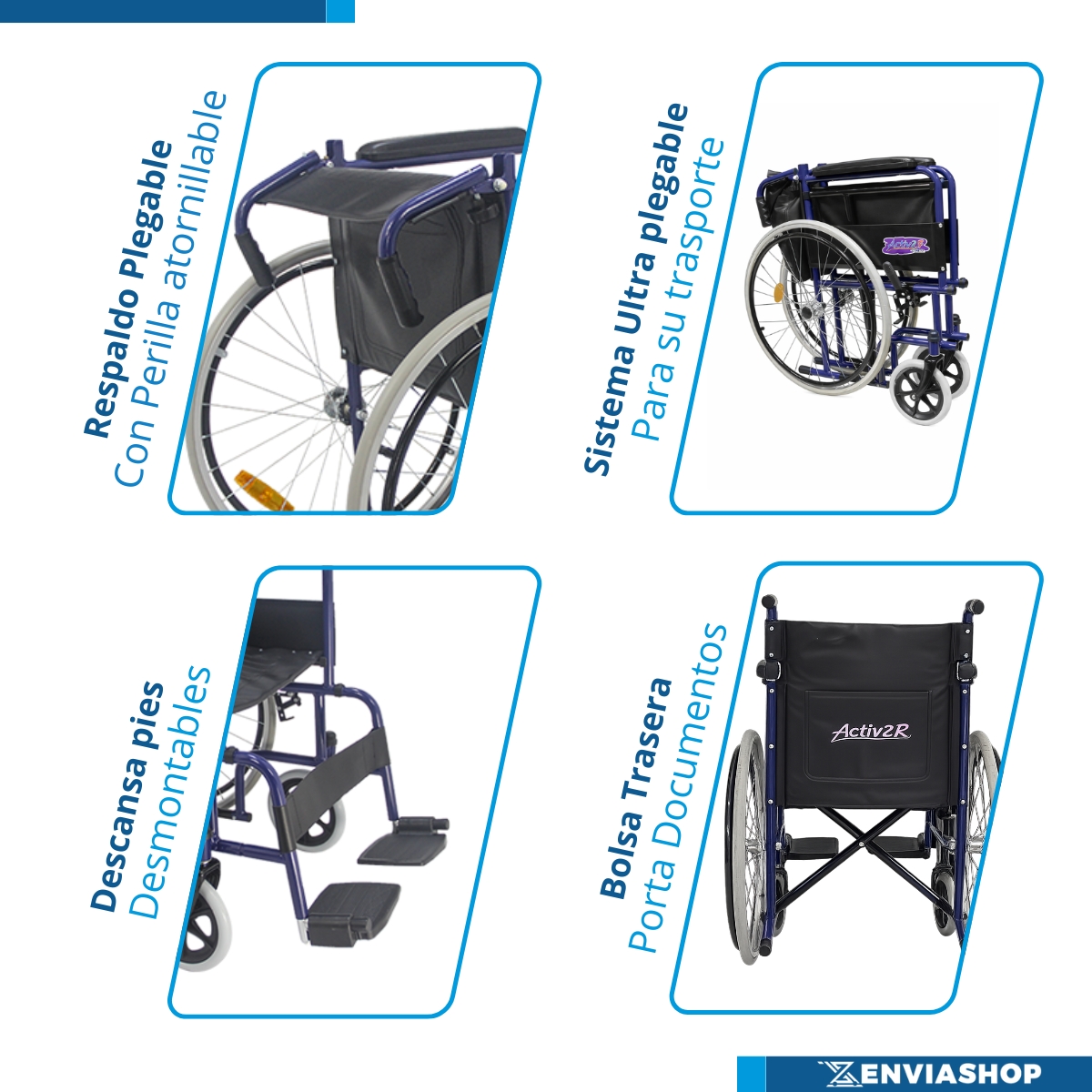 Silla de Ruedas Folding Compacta Económica con Respado Plegable Color Azul - Imagen 5