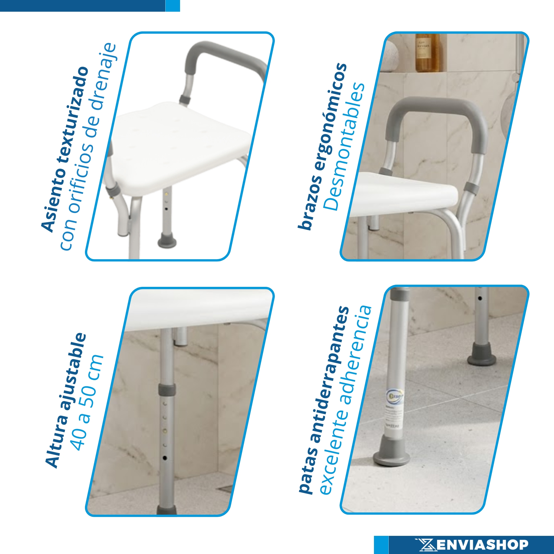 Banco para Ducha de Aluminio sin Respaldo con Brazos Desarmables Color Blanco - Imagen 5