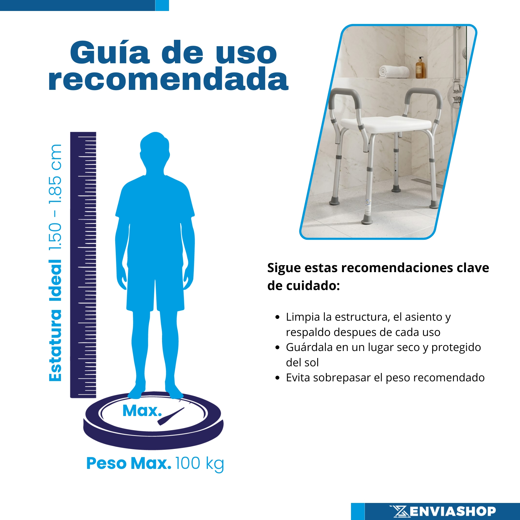 Banco para Ducha de Aluminio sin Respaldo con Brazos Desarmables Color Blanco - Imagen 6