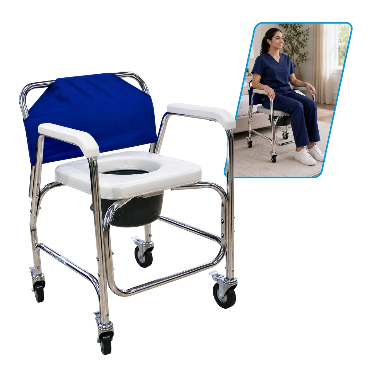 Silla Cómodo Ducha de Aluminio con Ruedas Aluminio Natural Color Azul
