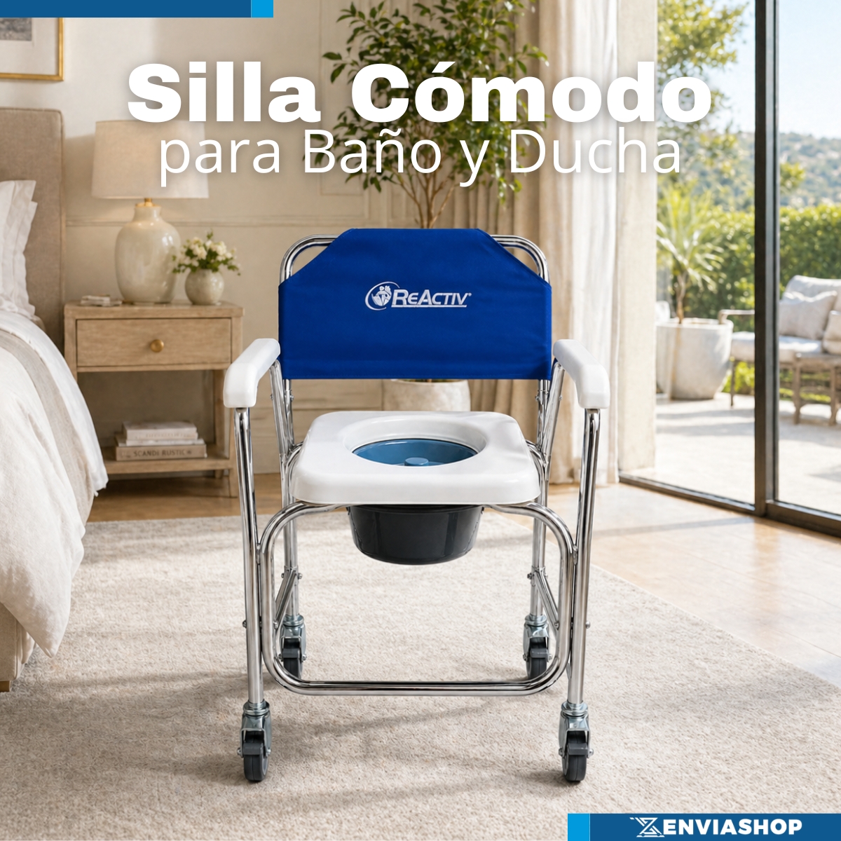 Silla Cómodo Ducha de Aluminio con Ruedas Aluminio Natural Color Azul - Imagen 2