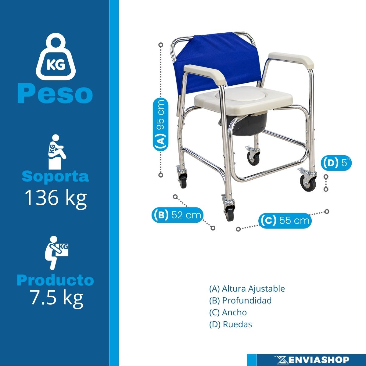 Silla Cómodo Ducha de Aluminio con Ruedas Aluminio Natural Color Azul - Imagen 4