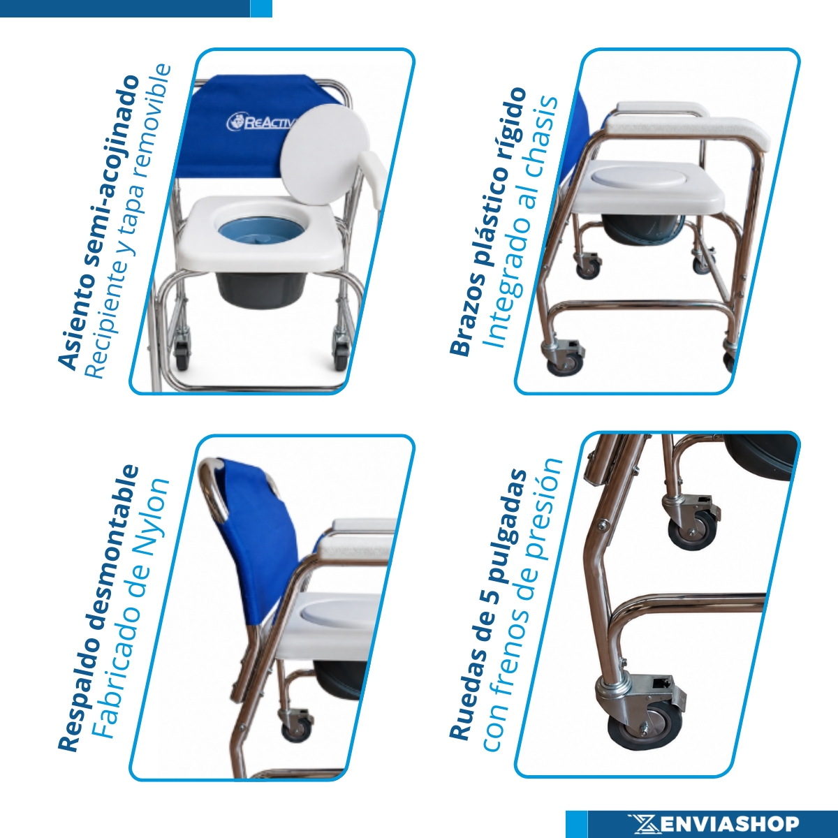 Silla Cómodo Ducha de Aluminio con Ruedas Aluminio Natural Color Azul - Imagen 5