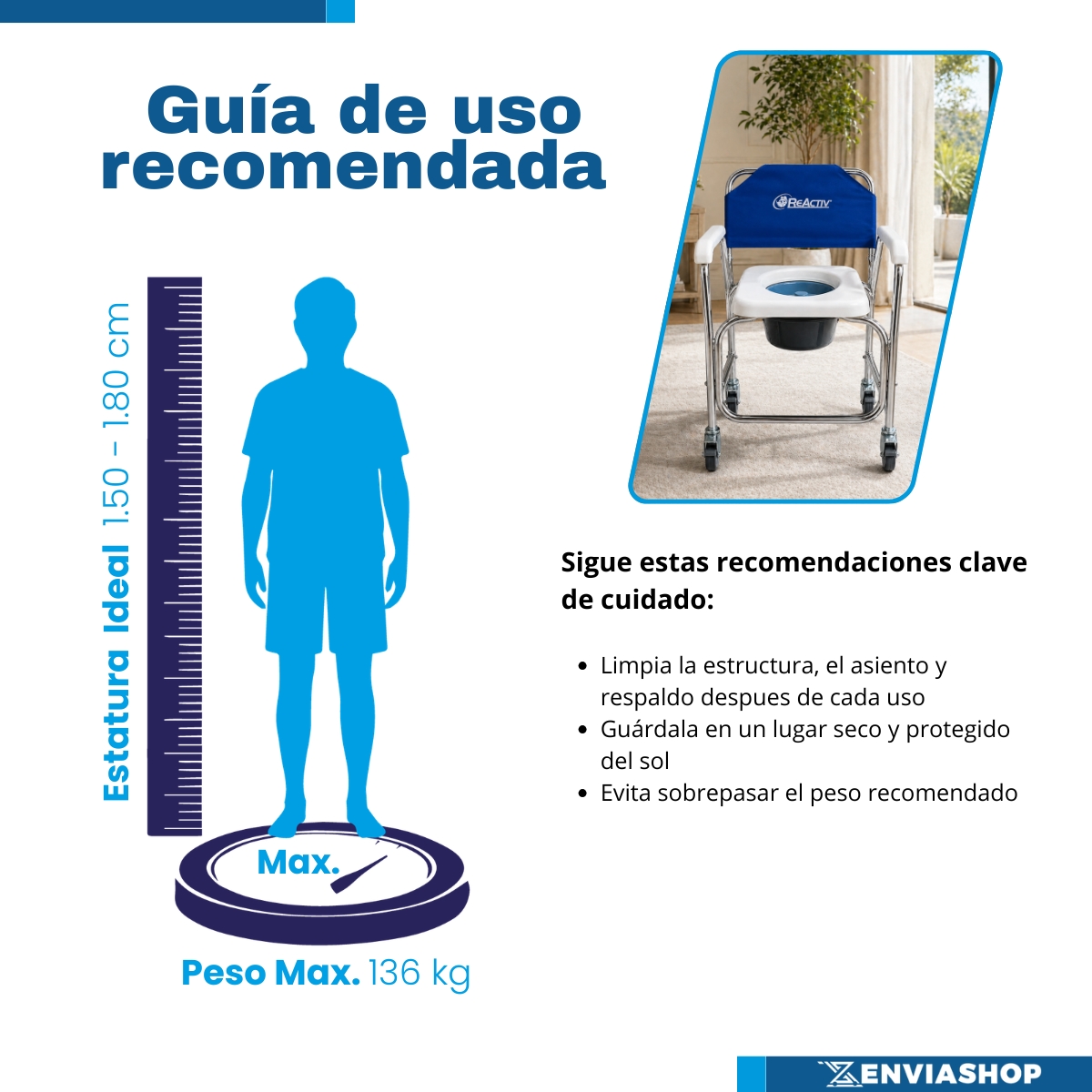 Silla Cómodo Ducha de Aluminio con Ruedas Aluminio Natural Color Azul - Imagen 6