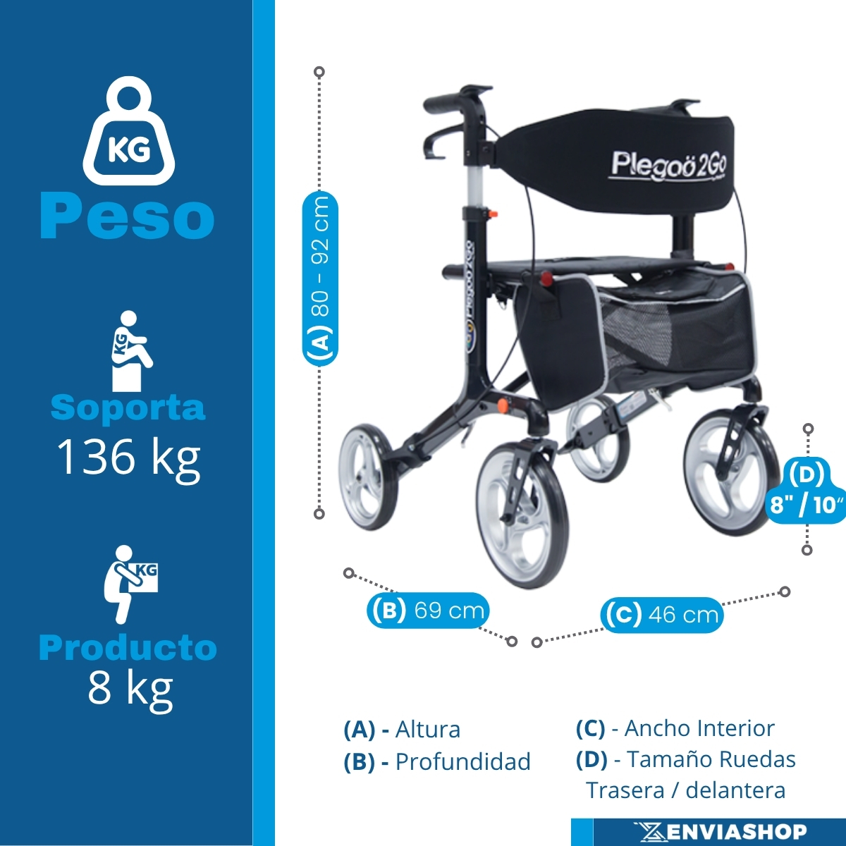 Andadera Rollator Plegoo 2go Aluminio Color Negro Perla - Imagen 4
