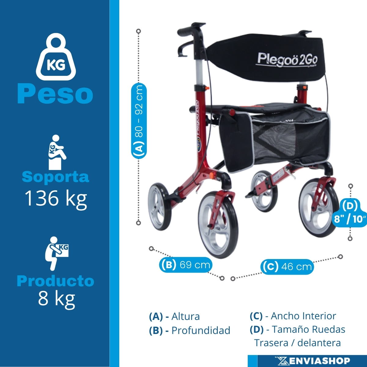 Andadera Rollator Plegoo 2go Aluminio Color Rojo Cereza - Imagen 4