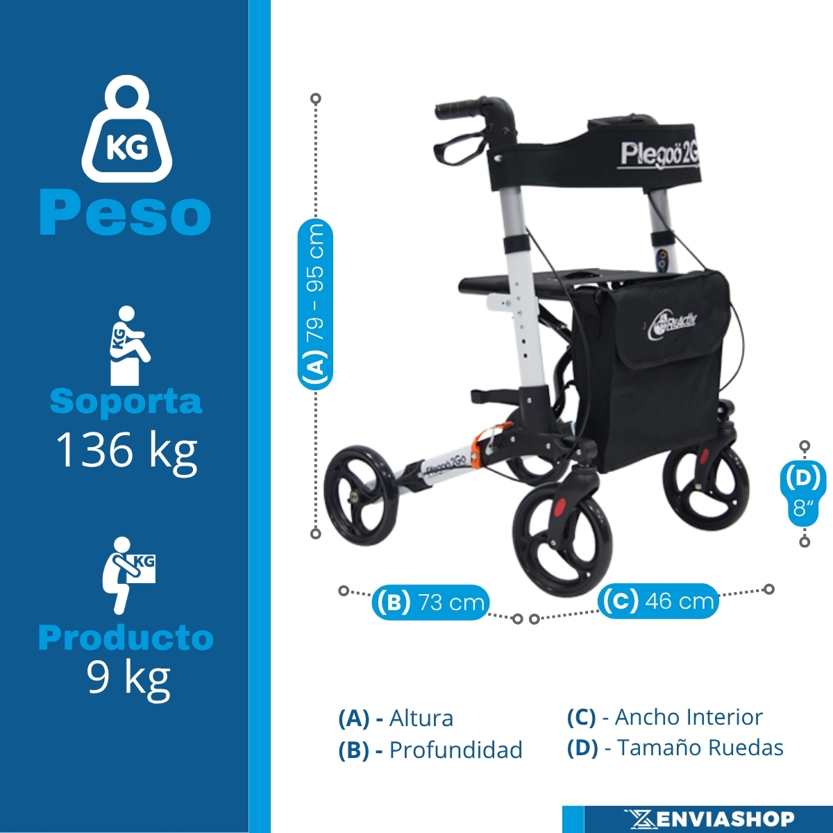 Andadera Rollator Plegoo 2go F3 Aluminio Color Blanco Mate - Imagen 4