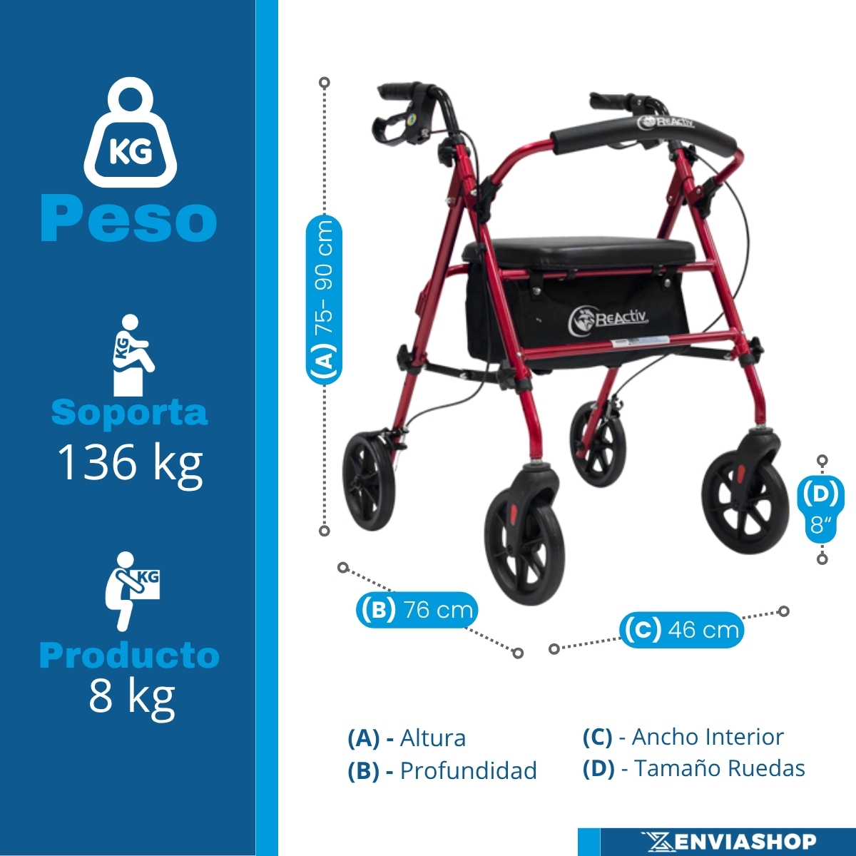 Andadera Rollator De Aluminio Ultra Compacta De Lujo Color Rojo - Imagen 4