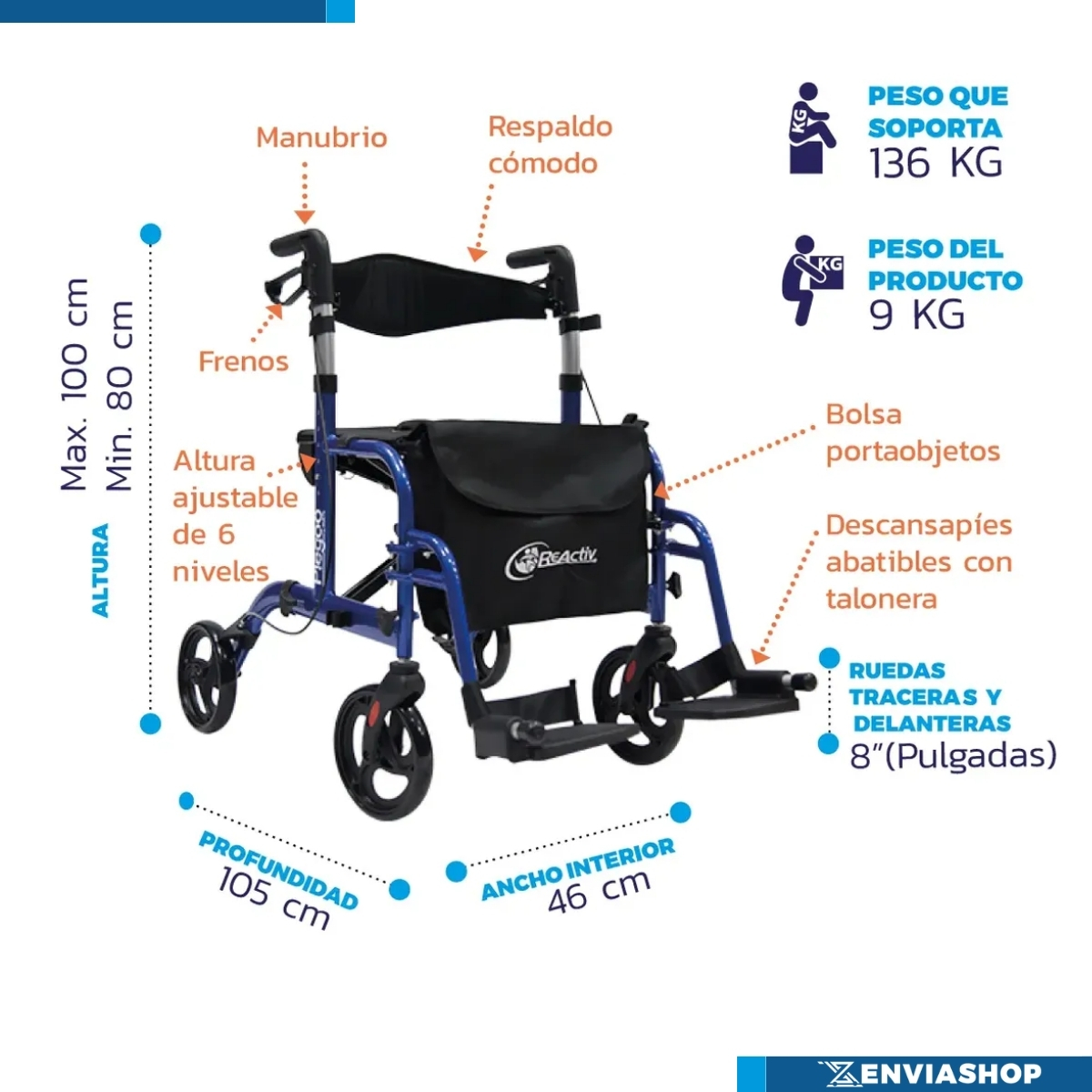 Andadera Rollator Plegoo Travel Descansapies Color Azul - Imagen 4