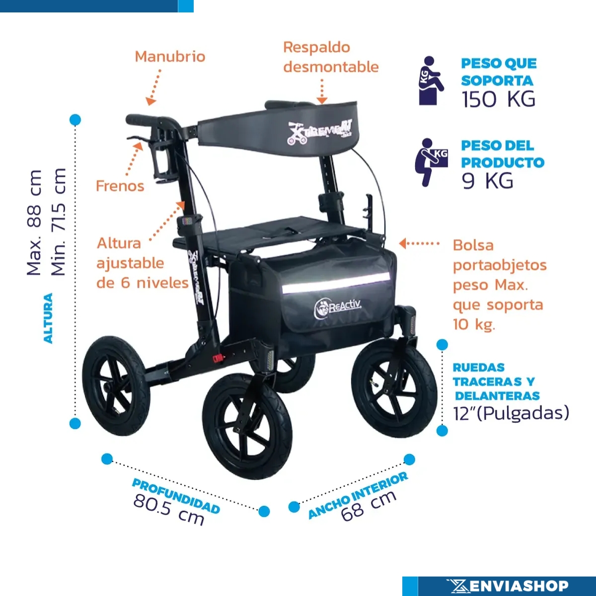 Andadera Rollator Xtreme Neumática Caminador Ortopédica Negro Obsidiana - Imagen 4