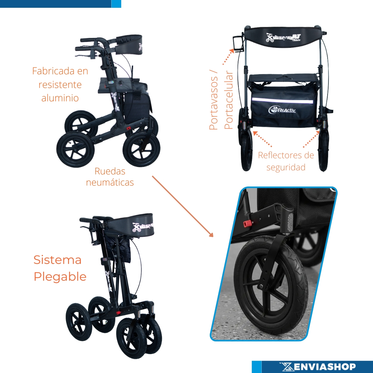 Andadera Rollator Xtreme Neumática Caminador Ortopédica Negro Obsidiana - Imagen 5