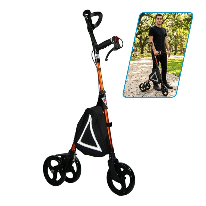 Muleta Híbrida Rodante Plegable de Aluminio con Frenos Color Naranja Metálico